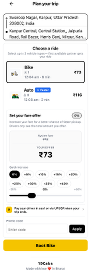 19Cabs customer app — plan trip and set fare offer