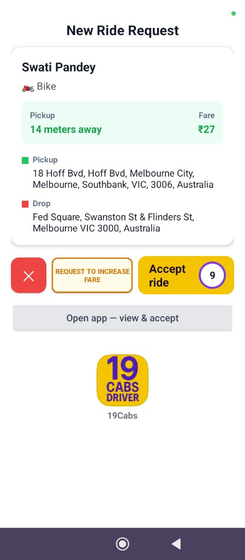 19Cabs driver app — new ride request