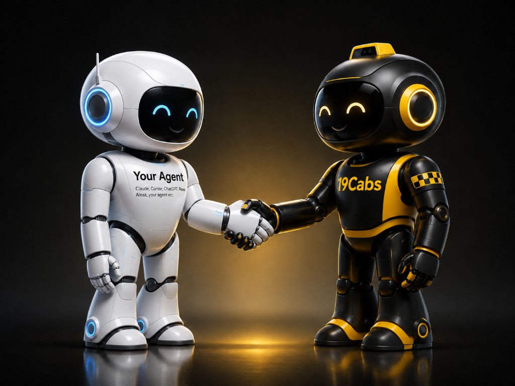 Two robots shake hands — a white Your Agent bot and a black 19Cabs bot — representing AI agents booking rides with 19Cabs