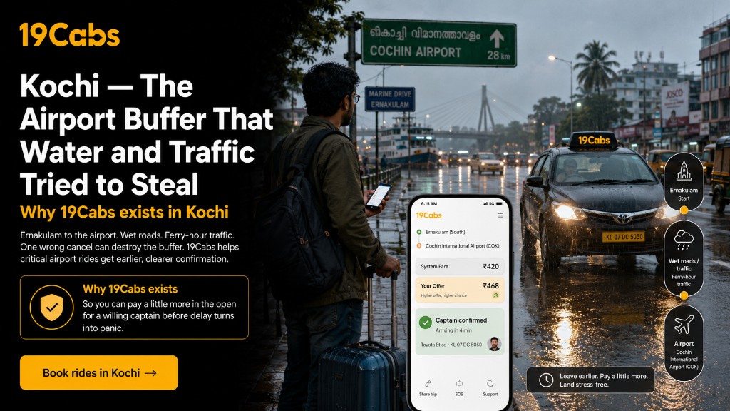 19Cabs Kochi Ernakulam airport buffer storyboard — raise fare for willing captain confirmation Kerala