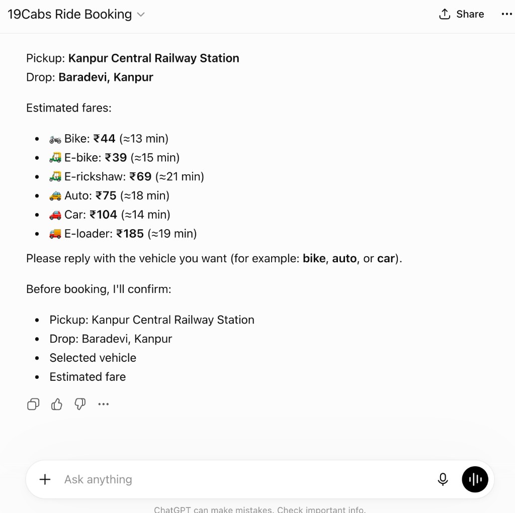19Cabs Ride Booking ChatGPT showing fare estimates from Kanpur Central to Baradevi Kanpur
