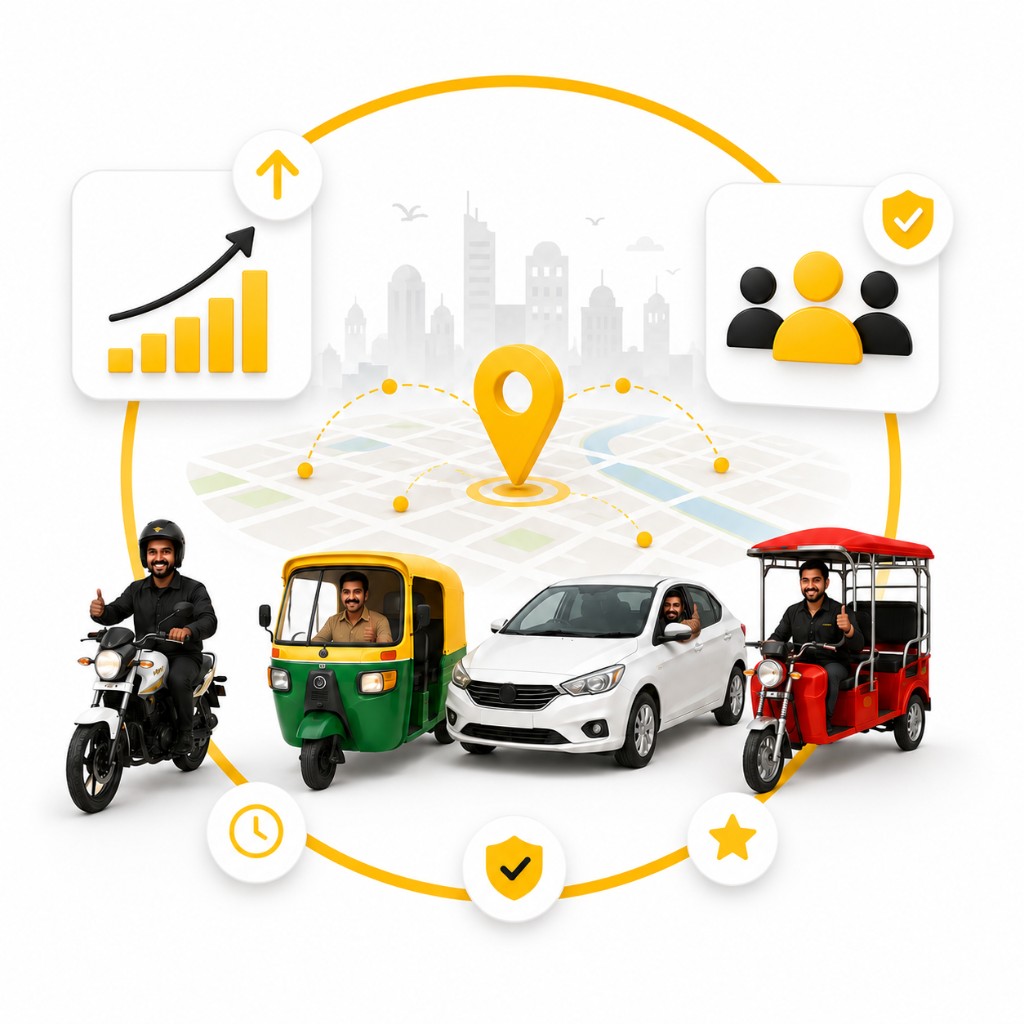 19Cabs fleet: bike, auto, car and e-rickshaw drivers lined up for one multi-vehicle search.