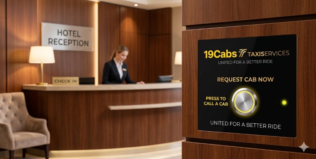 Hotel wall 19Cabs kiosk — press to call a cab
